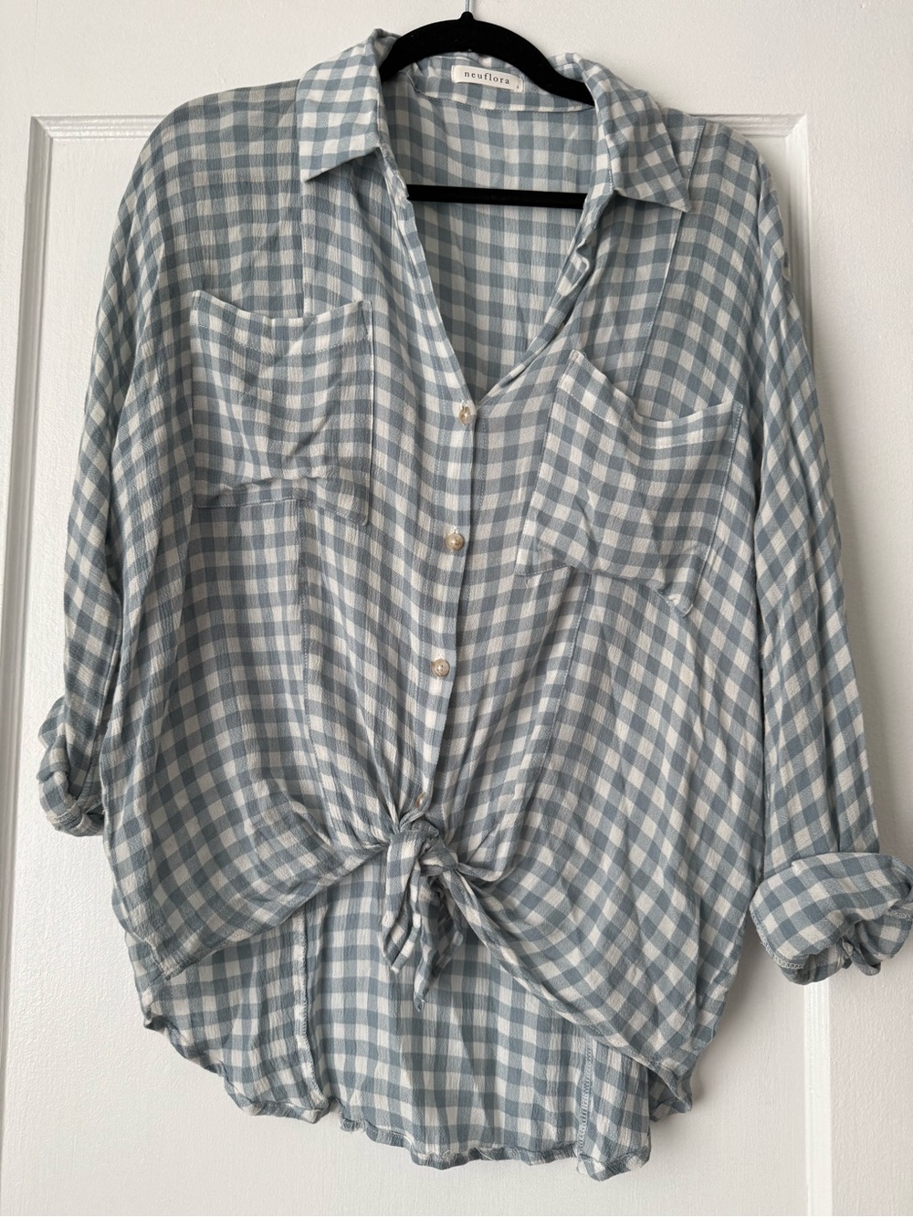 Neuflora Blue and White Gingham Tie-Front Button-Up Shirt